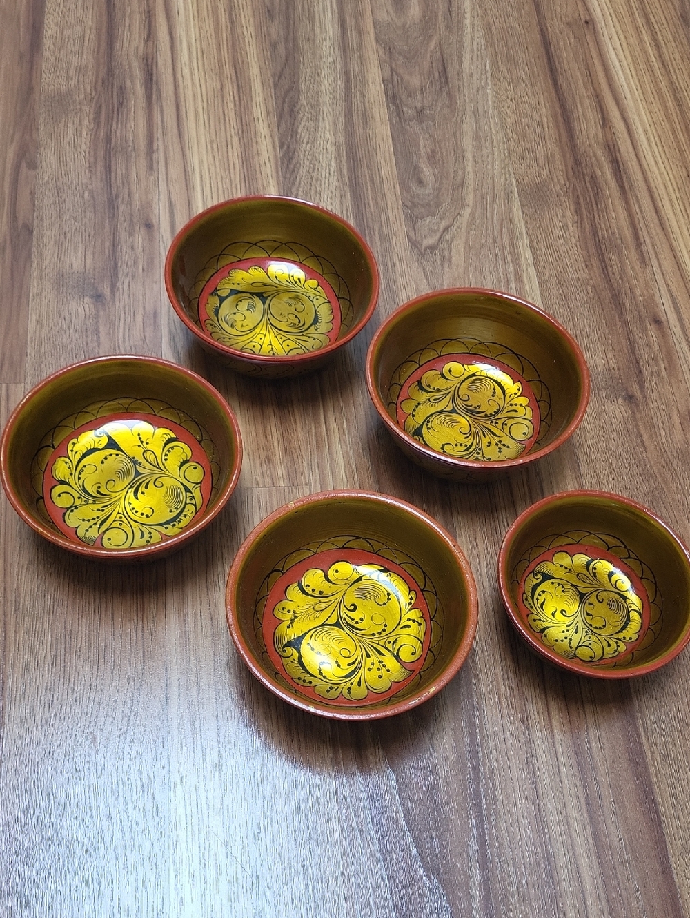 Khokhloma Hand-Painted Yellow Floral Wooden Bowls - Set of 5